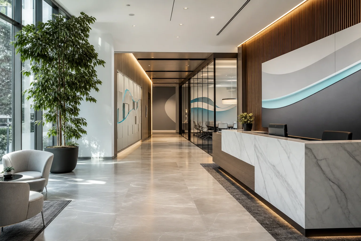 Corporate lobby with custom environmental graphics and wayfinding